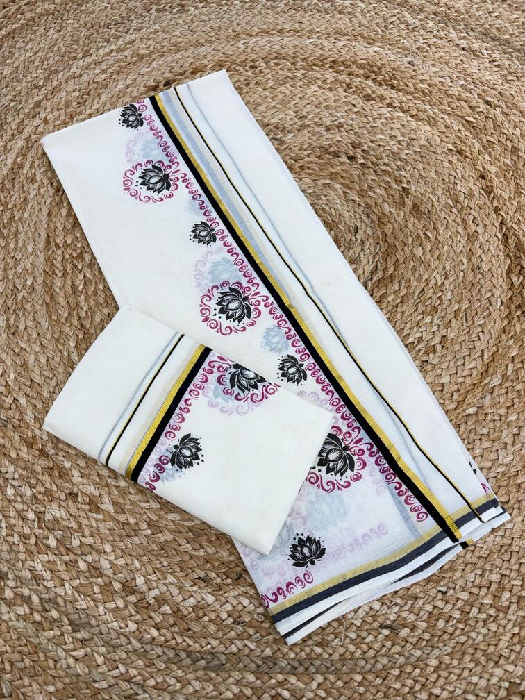 Pulyilakara Lotus Vibe Premium Cotton Set Mundu | The Pearl Cart