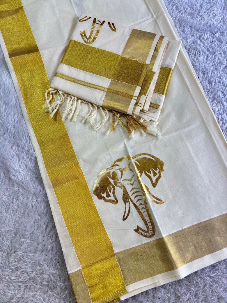Swarnam Golden Foil Kasavu Set Mundu | The Pearl Cart