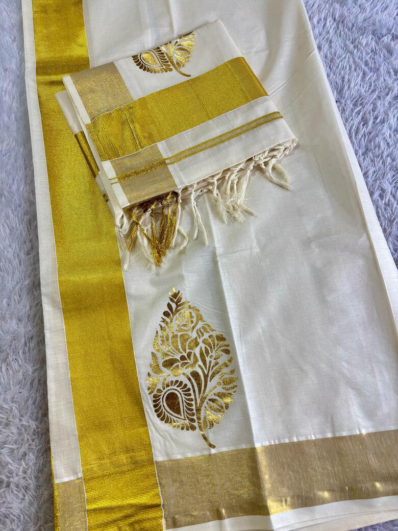 Swarnam Golden Foil Kasavu Set Mundu | The Pearl Cart