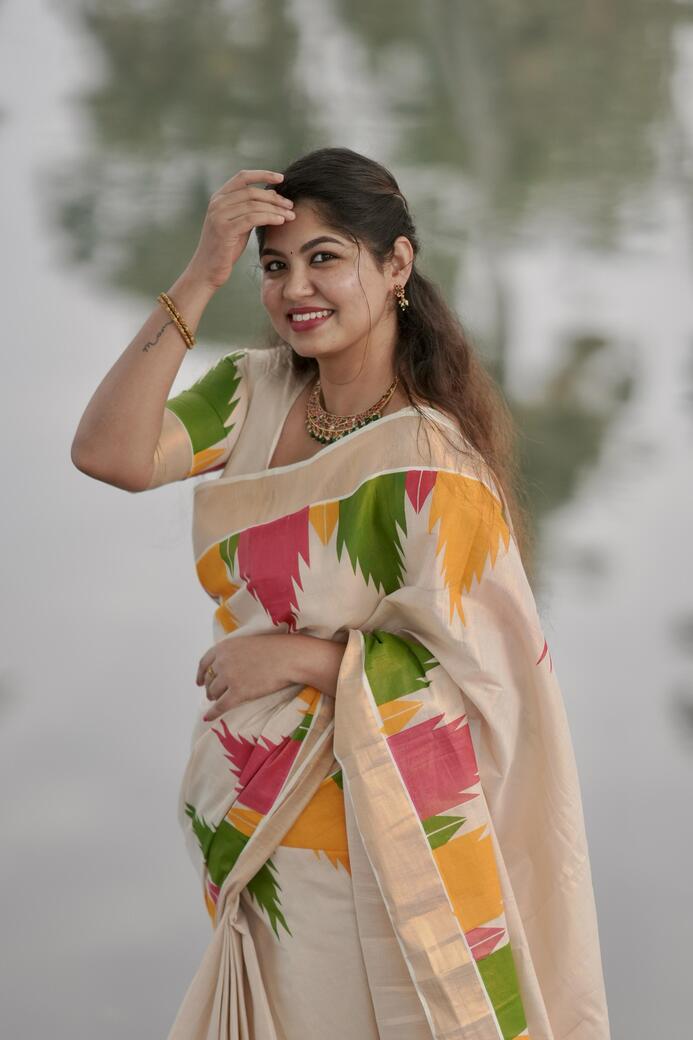 Gopuram Multi Colour Temple Golden Tissue Saree | The Pearl Cart